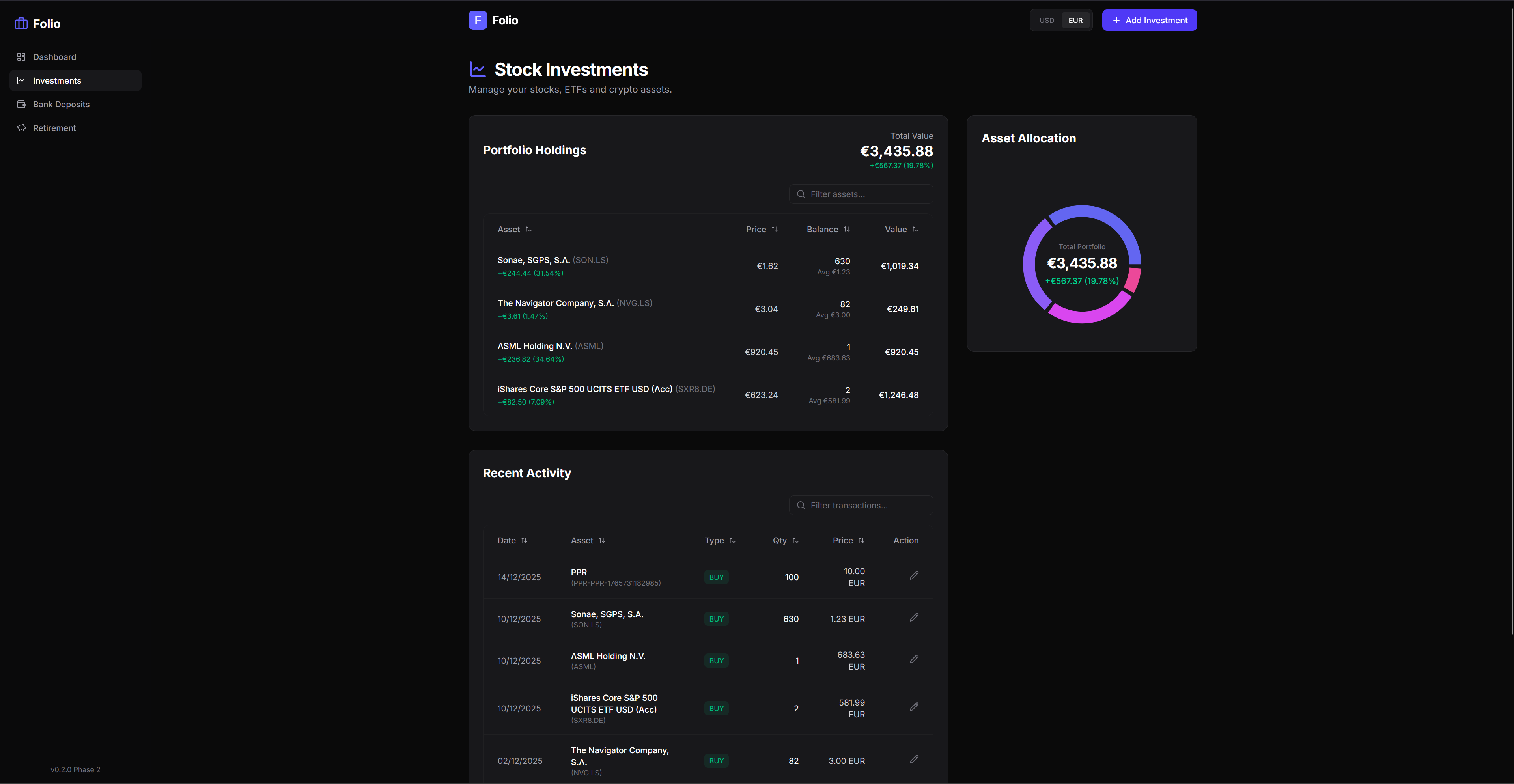 Folio investments dashboard