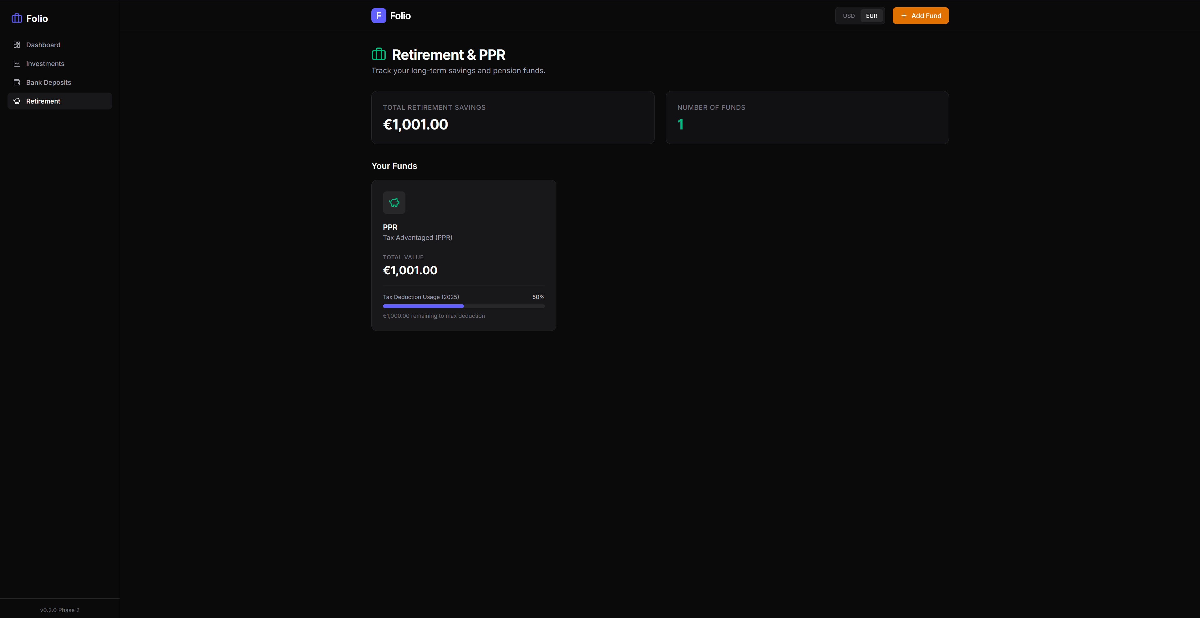 Folio retirement funds dashboard